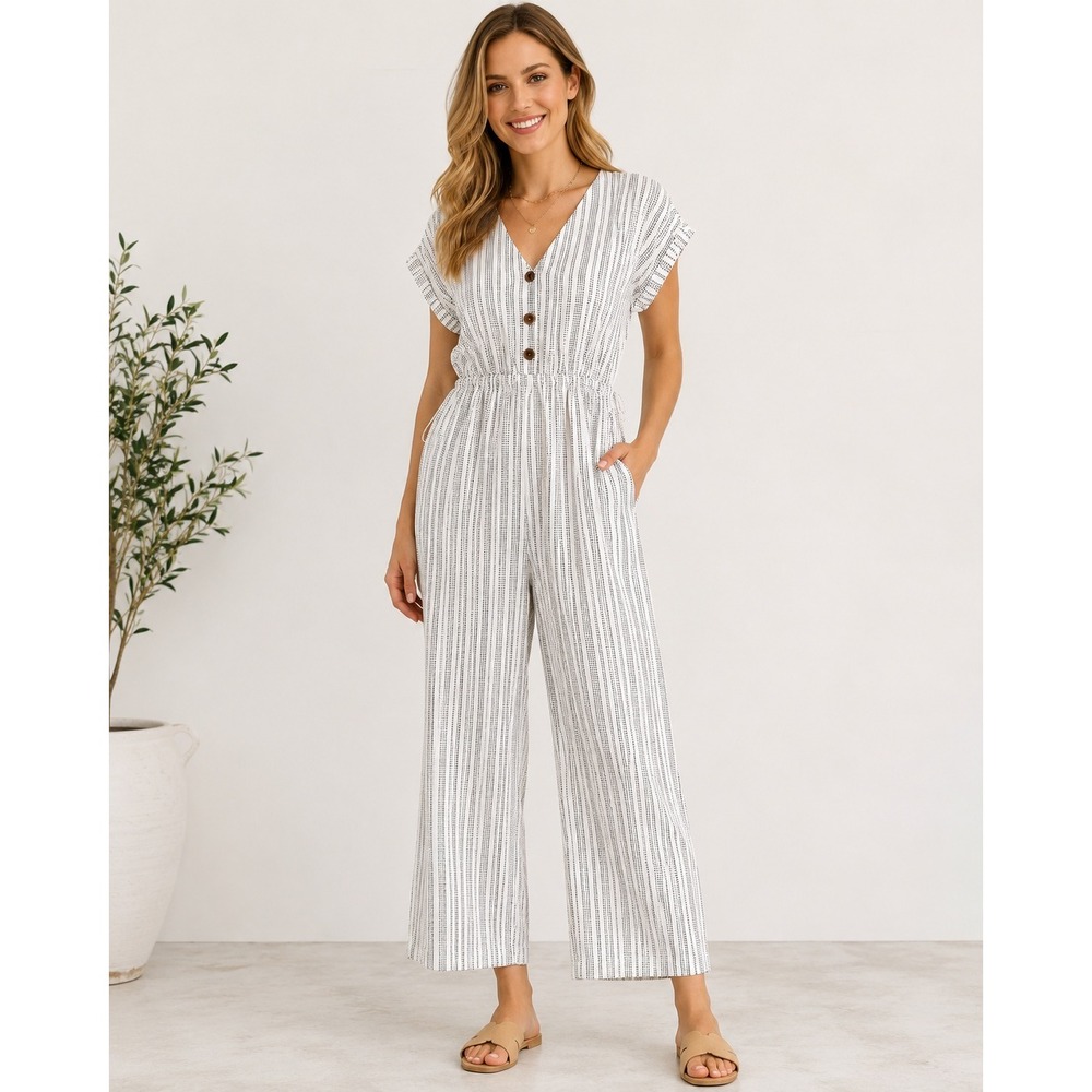 GAP Women Striped V-Neck Jumpsuit Black White Medium